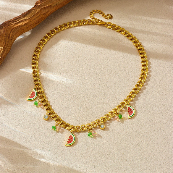 Wholesale Stainless Steel Fruit Pattern Pendant Necklace With Double Layer Chain And Electroplating Design For Women