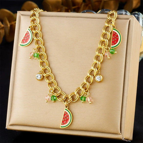 Wholesale Stainless Steel Fruit Pattern Pendant Necklace With Double Layer Chain And Electroplating Design For Women