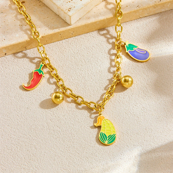 Wholesale Stainless Steel Fruit Shaped Cartoon Style Pendant Necklace With Gold Plated O Word Chain