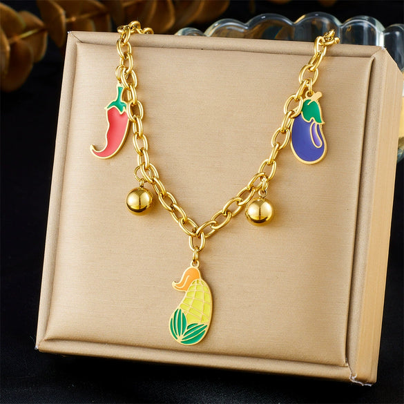 Wholesale Stainless Steel Fruit Shaped Cartoon Style Pendant Necklace With Gold Plated O Word Chain