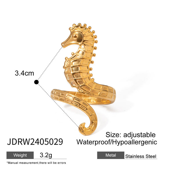 Wholesale Stainless Steel Geometric Animal Seahorse Opening Ring Electroplated Nonfading Jewelry