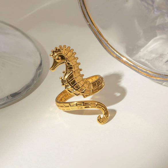 Wholesale Stainless Steel Geometric Animal Seahorse Opening Ring Electroplated Nonfading Jewelry
