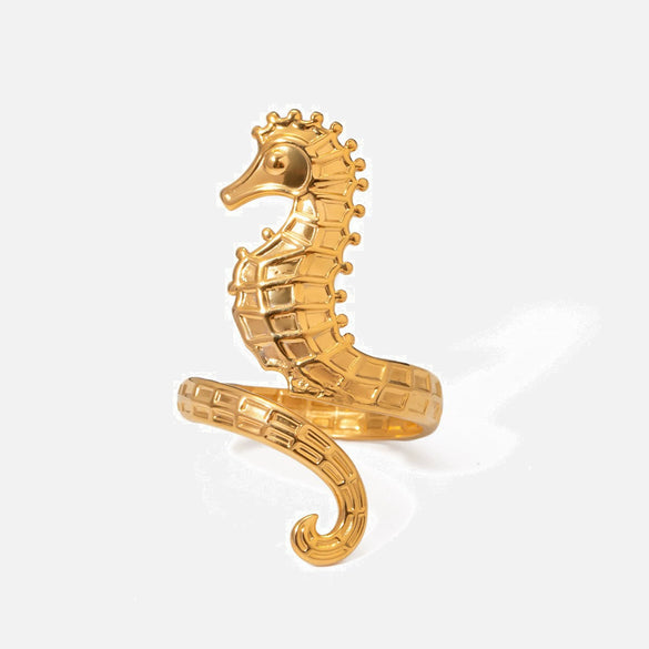 Wholesale Stainless Steel Geometric Animal Seahorse Opening Ring Electroplated Nonfading Jewelry