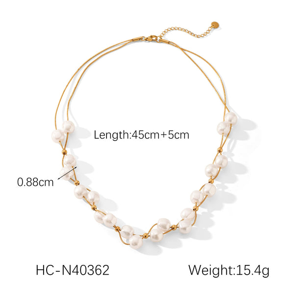 Wholesale Stainless Steel Geometric Beaded Double Layer Pearl Clavicle Necklace For Women With Electroplating