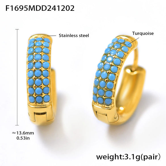Wholesale 316L Stainless Steel Geometric Blue Turquoise Zircon Inlaid Handmade Electroplated Circle Snap Earrings For Women
