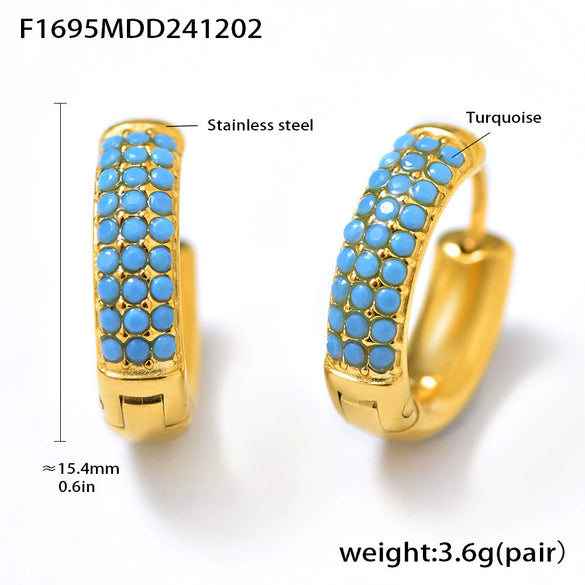 Wholesale 316L Stainless Steel Geometric Blue Turquoise Zircon Inlaid Handmade Electroplated Circle Snap Earrings For Women
