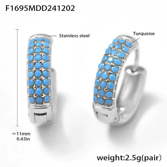 Wholesale 316L Stainless Steel Geometric Blue Turquoise Zircon Inlaid Handmade Electroplated Circle Snap Earrings For Women