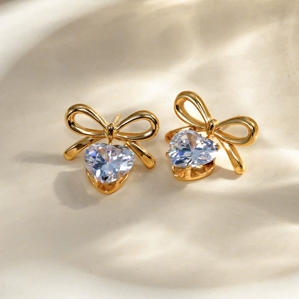 Wholesale Stainless Steel Geometric Bow Earrings With White Zircon And Electroplating