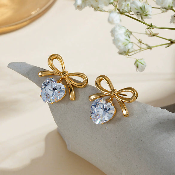 Wholesale Stainless Steel Geometric Bow Earrings With White Zircon And Electroplating