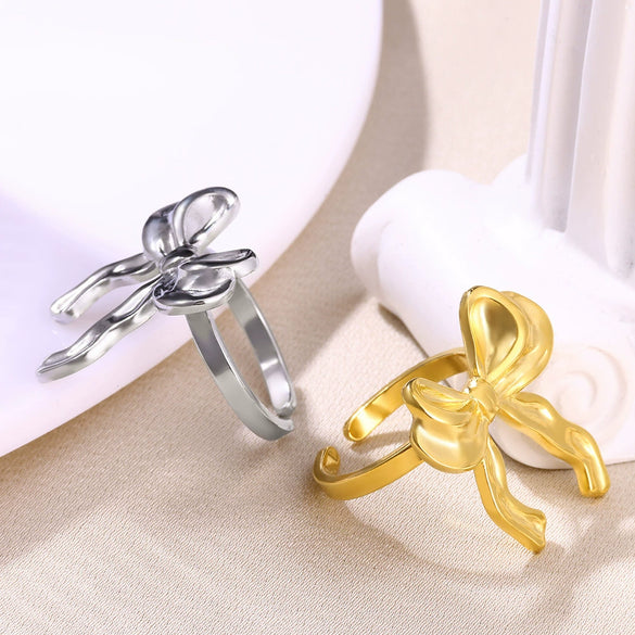 Wholesale Stainless Steel Geometric Bow Open Ring With Electroplating For Women