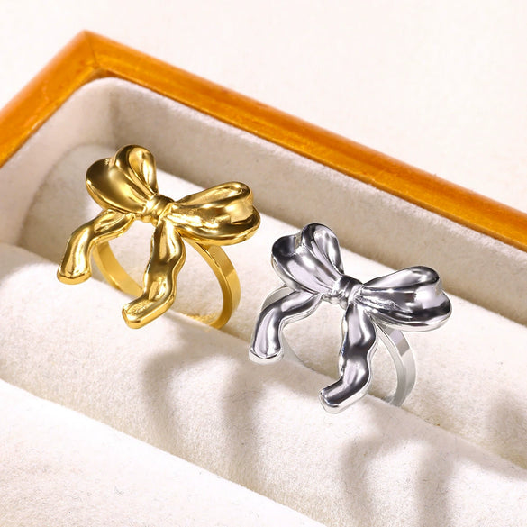 Wholesale Stainless Steel Geometric Bow Open Ring With Electroplating For Women