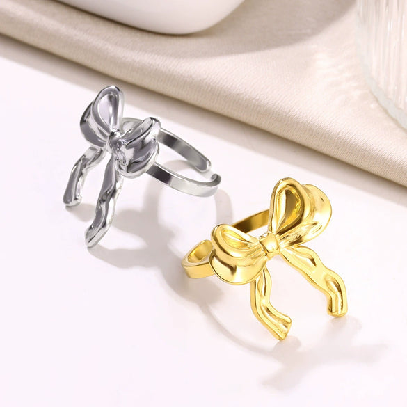 Wholesale Stainless Steel Geometric Bow Open Ring With Electroplating For Women