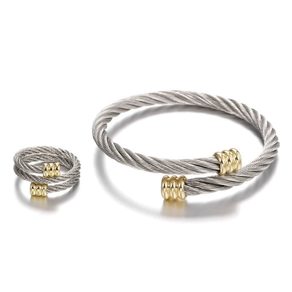 Wholesale Stainless Steel Geometric Bracelet Ring Set Electroplated Microinlaid Unisex Jewelry
