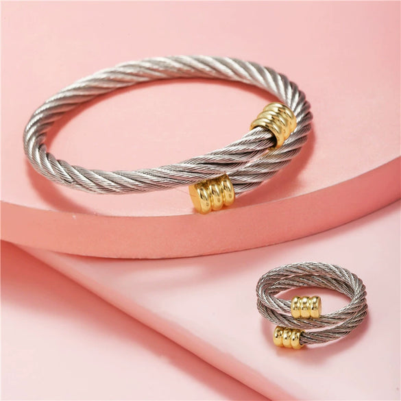 Wholesale Stainless Steel Geometric Bracelet Ring Set Electroplated Microinlaid Unisex Jewelry