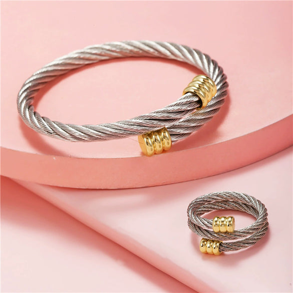 Wholesale Stainless Steel Geometric Bracelet Ring Set Electroplated Microinlaid Unisex Jewelry