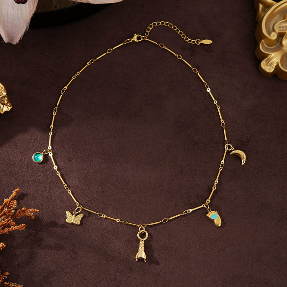 Wholesale Stainless Steel Geometric Butterfly Sun And Moon Pendant Necklace With Vacuum Plated 18K Gold