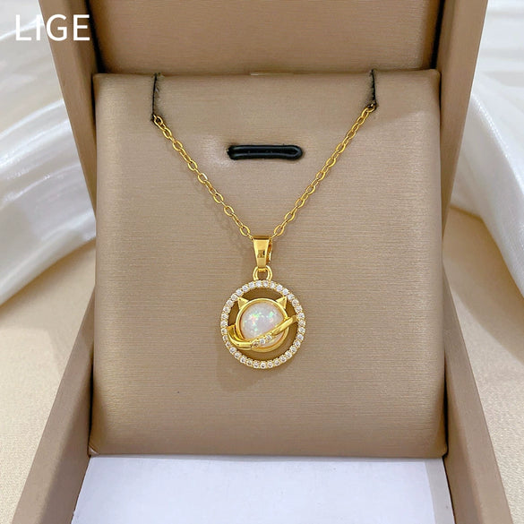 Wholesale Stainless Steel Geometric Cat Fashion Light Luxury Elegant Gorgeous Diamond Unisex Necklace