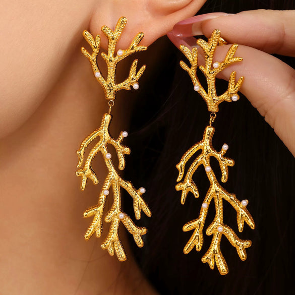 Wholesale 316L Stainless Steel Geometric Coral Shaped Light Luxury Electroplated Women's Earrings