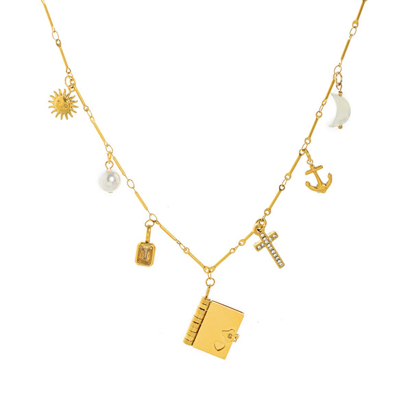 Wholesale Stainless Steel Geometric Cross Birthstone Pendant Necklace With Furnace Vacuum Plating 18K Gold Color Unisex