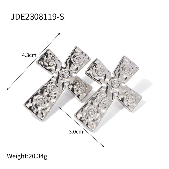 Wholesale Stainless Steel Geometric Cross Earrings With Electroplating And Pleated Design For Women