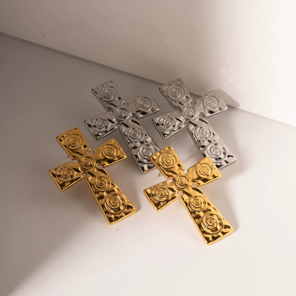 Wholesale Stainless Steel Geometric Cross Earrings With Electroplating And Pleated Design For Women