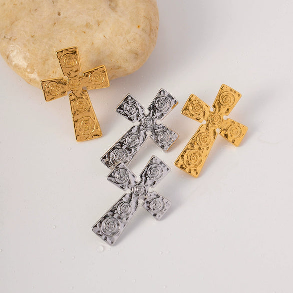 Wholesale Stainless Steel Geometric Cross Earrings With Electroplating And Pleated Design For Women