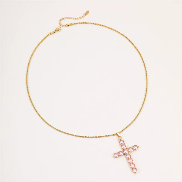 Wholesale Stainless Steel Geometric Cross Key Pendant Necklace With Rhinestone Electroplating For Women