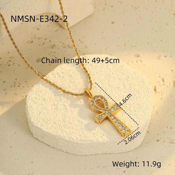 Wholesale Stainless Steel Geometric Cross Key Pendant Necklace With Rhinestone Electroplating For Women