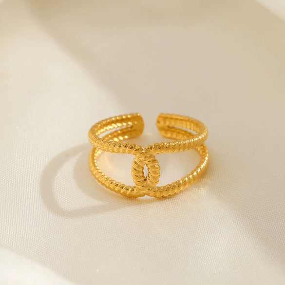 Wholesale Stainless Steel Geometric Cross Opening Adjustable Ring For Women 18K Gold Plated