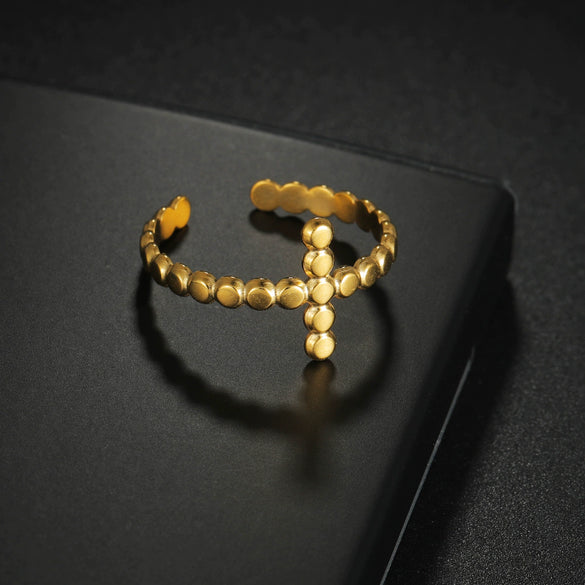 Wholesale Stainless Steel Geometric Cross Opening Adjustable Ring With Gold Plated Electroplating For Women And Men