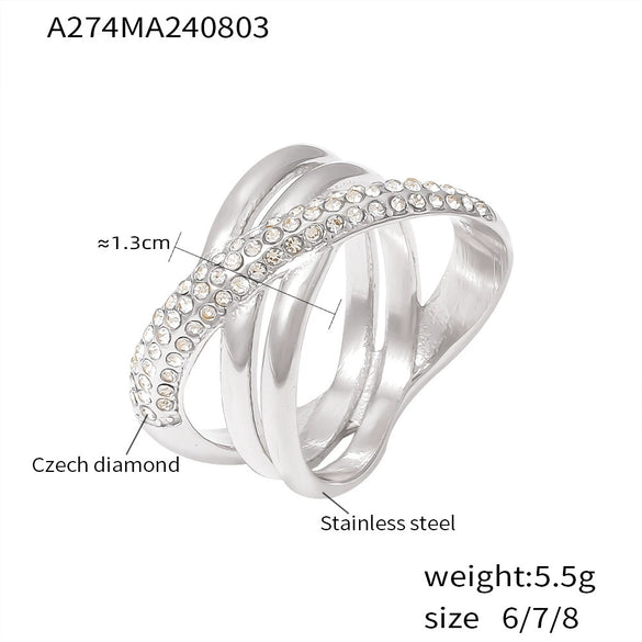 Wholesale 316L Stainless Steel Geometric Cross Winding Ring Electroplated With Real Gold