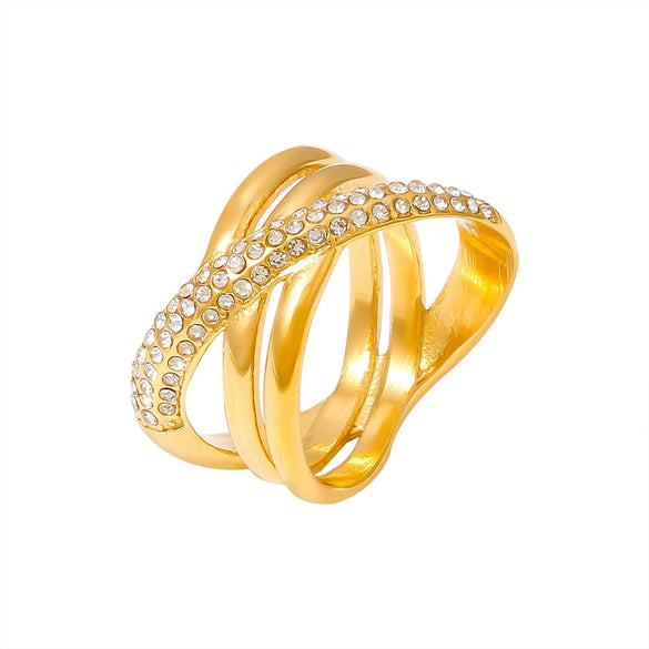 Wholesale 316L Stainless Steel Geometric Cross Winding Ring Electroplated With Real Gold