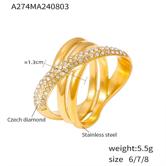 Wholesale 316L Stainless Steel Geometric Cross Winding Ring Electroplated With Real Gold