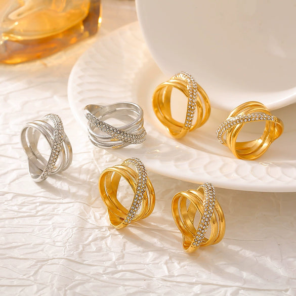 Wholesale 316L Stainless Steel Geometric Cross Winding Ring Electroplated With Real Gold