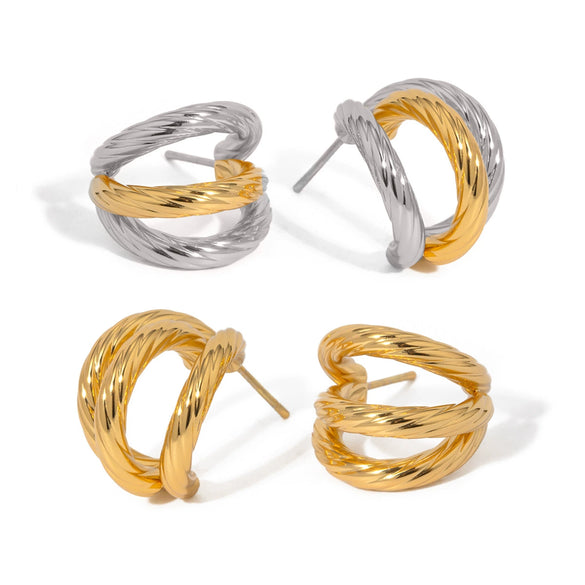 Wholesale Stainless Steel Geometric Cshaped Electroplated Threelayer Thread Earrings For Women