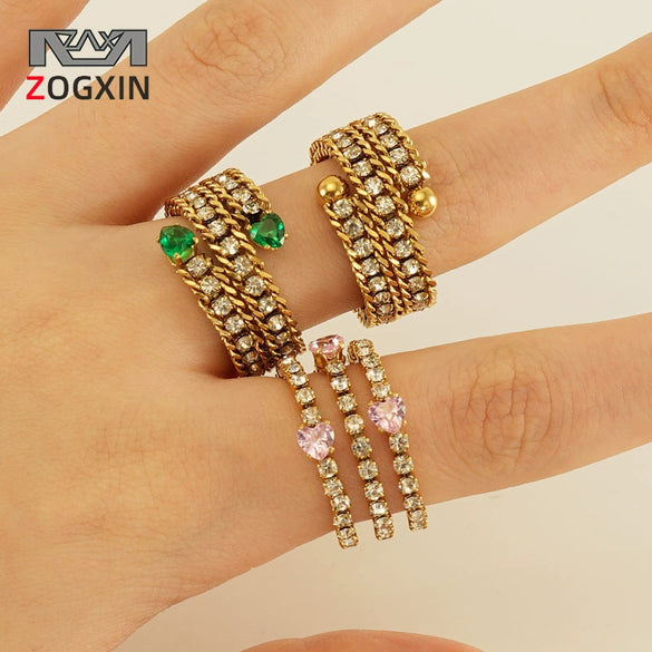 Wholesale 316L Stainless Steel Geometric Diamond Multi Layer Opening Adjustable Women's Ring