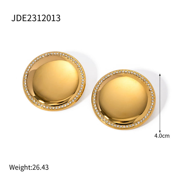 Wholesale Stainless Steel Geometric Disc Earrings With Diamond Inlay And Gold Plated For Women