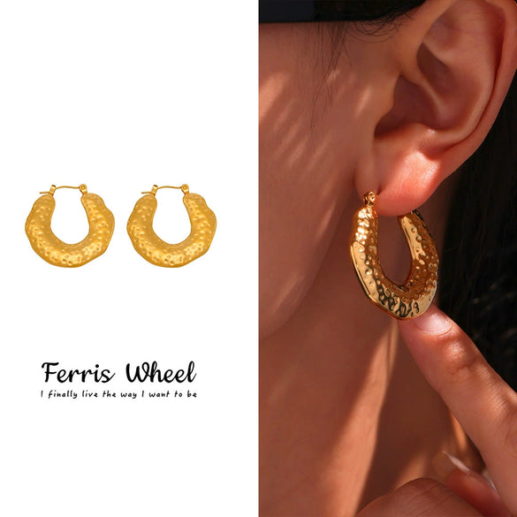 Wholesale Stainless Steel Geometric Dot Hammer Pattern Electroplated Ushaped Cut Out Asymmetrical Earrings For Women