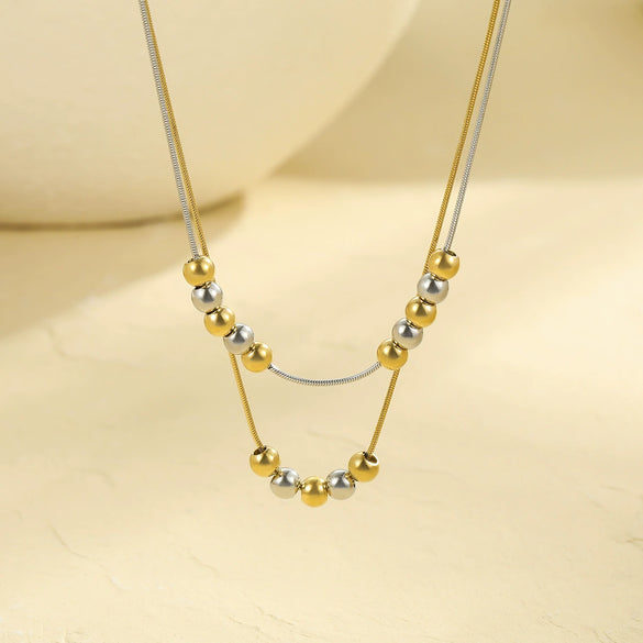 Wholesale Stainless Steel Geometric Double Layer Stacked Ball Necklace With Snake Bone Chain And Electroplating Design For Women