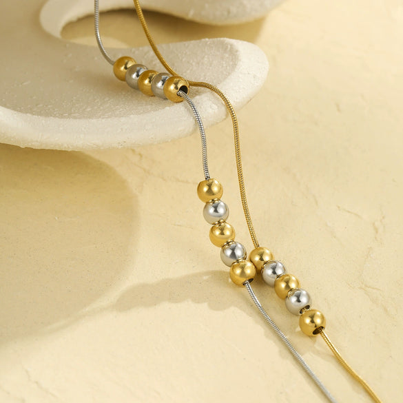Wholesale Stainless Steel Geometric Double Layer Stacked Ball Necklace With Snake Bone Chain And Electroplating Design For Women