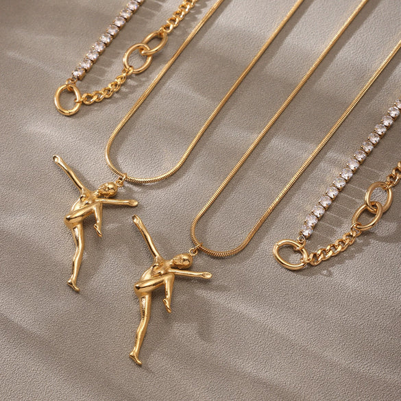 Wholesale Stainless Steel Geometric Doublelayer Stacked Necklace With Dancing Girl Pendant For Women Electroplated Luxury Style
