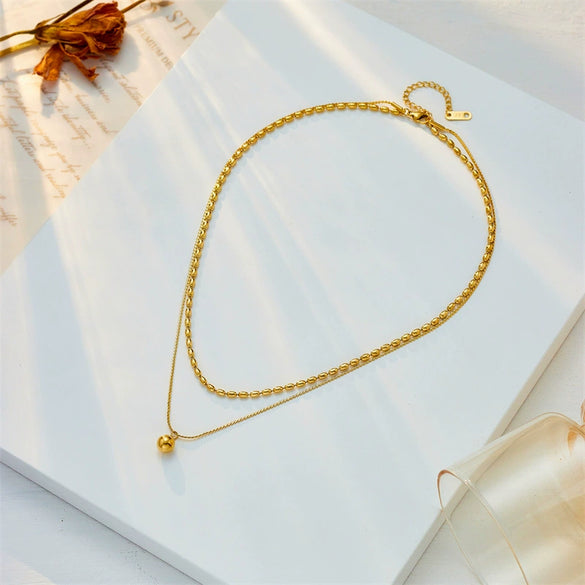 Wholesale Stainless Steel Geometric Doublelayered Round Bead Pendant Clavicle Necklace With Electroplating Treatment For Women