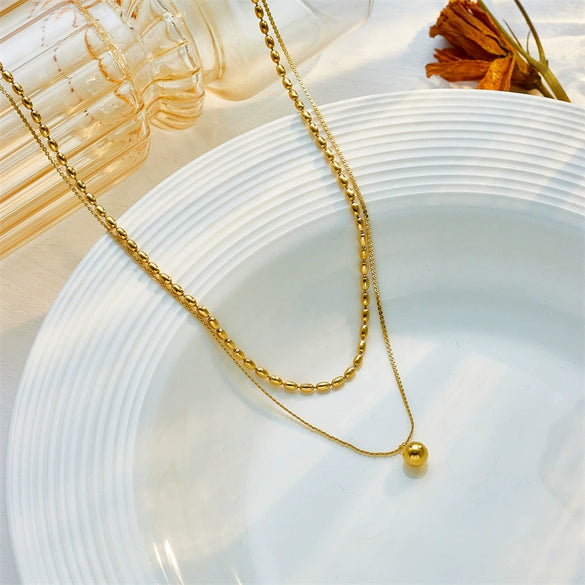 Wholesale Stainless Steel Geometric Doublelayered Round Bead Pendant Clavicle Necklace With Electroplating Treatment For Women