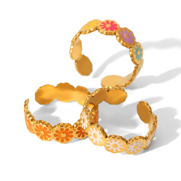 Wholesale Stainless Steel Geometric Dripping Oil Daisy Open Ring Women's Jewelry