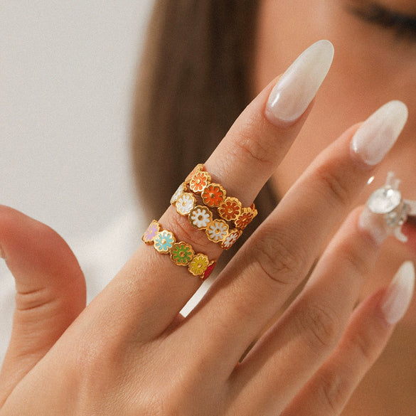Wholesale Stainless Steel Geometric Dripping Oil Daisy Open Ring Women's Jewelry
