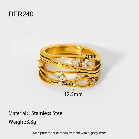 Wholesale Stainless Steel Geometric Drop Shape Zirconia Ring 18K Gold Plated For Women