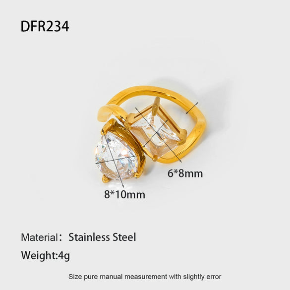 Wholesale Stainless Steel Geometric Drop Shape Zirconia Ring 18K Gold Plated For Women