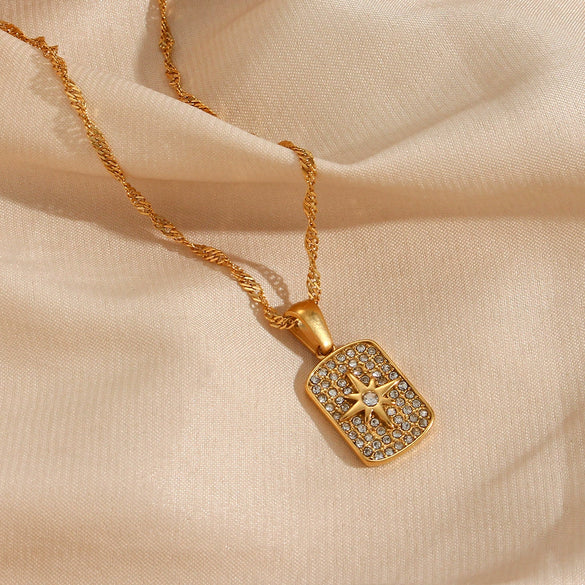 Wholesale Stainless Steel Geometric Eightpointed Star Square Pendant Necklace With Electroplating Treatment And Water Wave Chain For Women