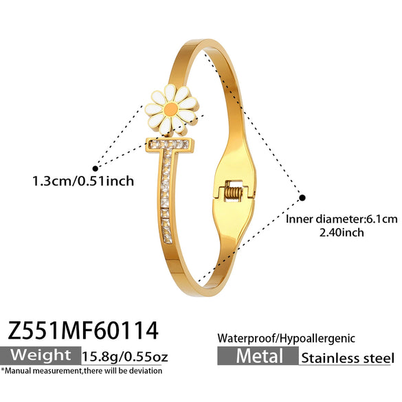 Wholesale Stainless Steel Geometric Electroplated Zirconencrusted Small Daisy Clasp Open Bracelet Set Accessories