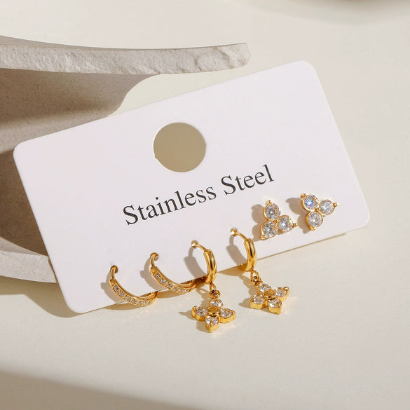 Wholesale Stainless Steel Geometric Electroplating Women's Zircon Four Awn Star And Cross Earrings